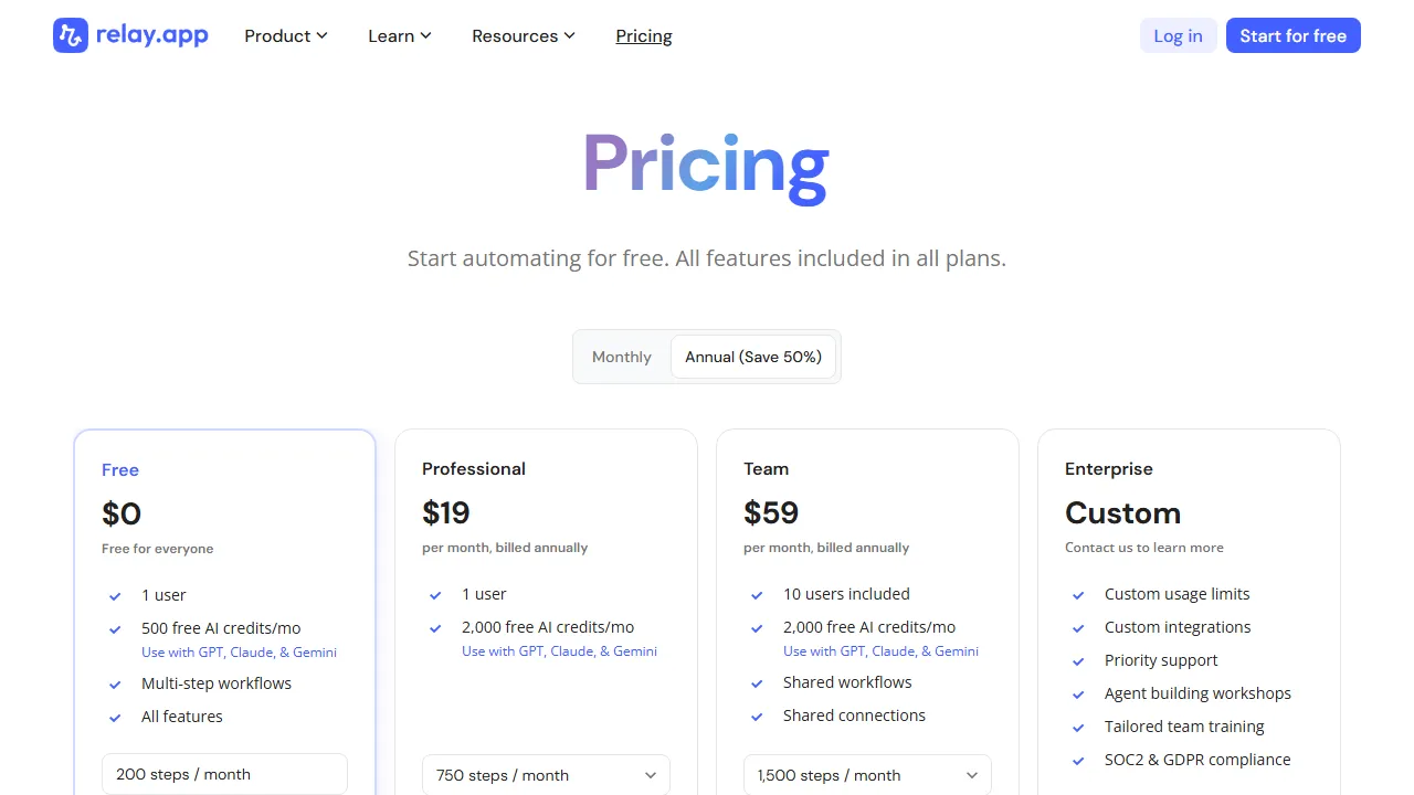 Relay.app pricing page: plans and rates