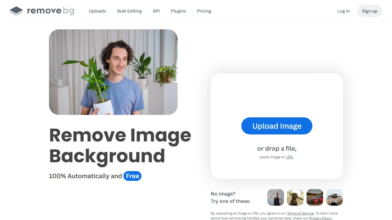 Remove.bg homepage, image AI tool