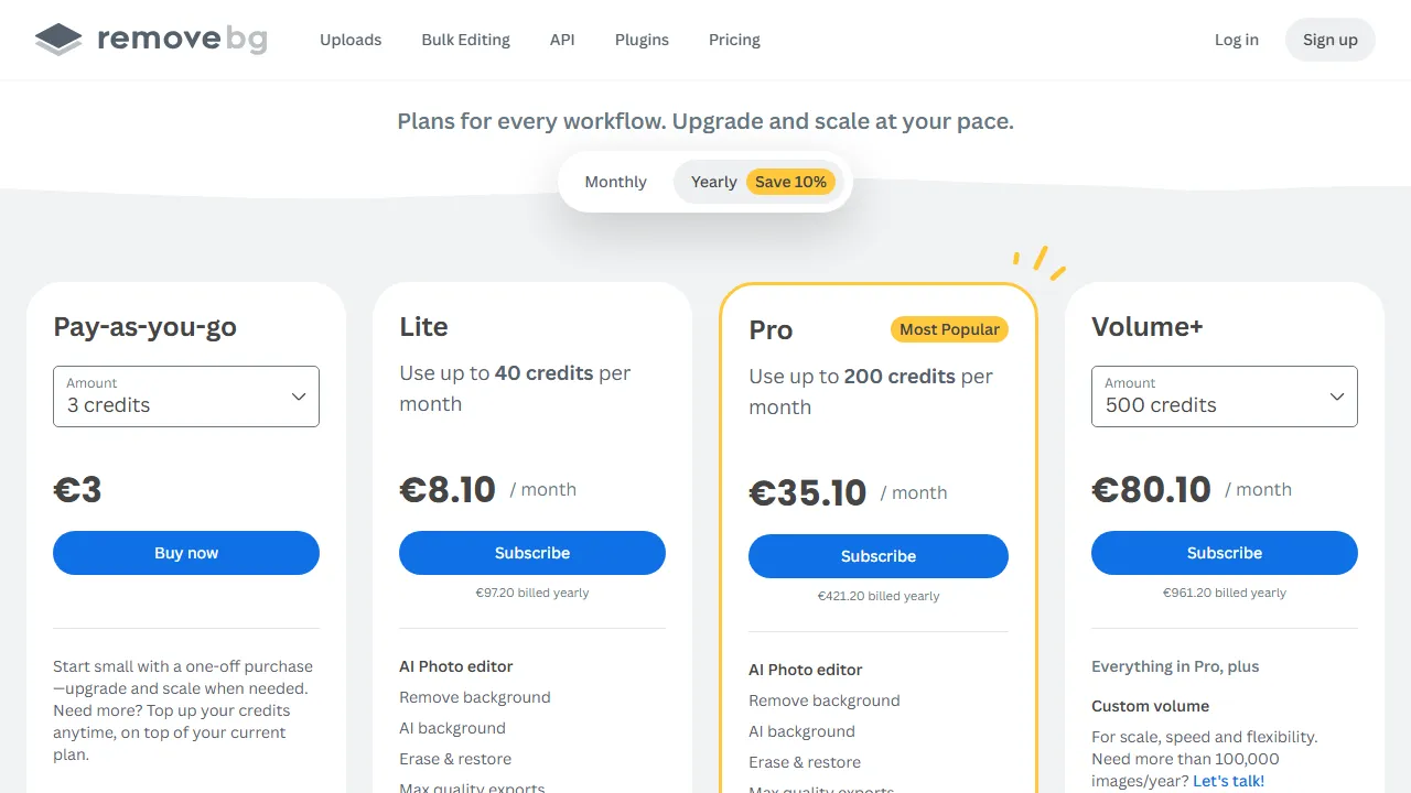 Remove.bg pricing page: plans and rates