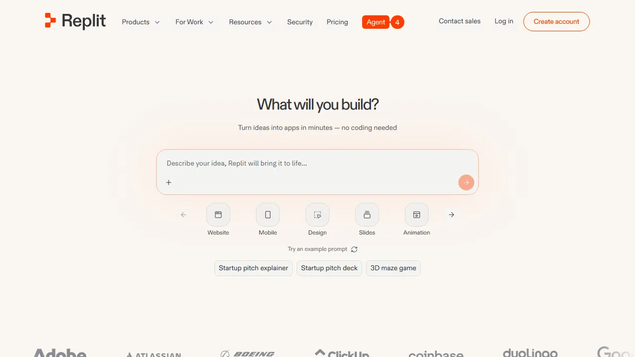Replit homepage, code AI tool