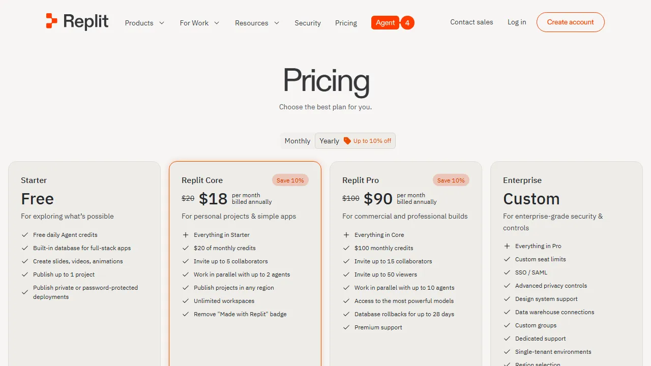 Replit pricing page: plans and rates