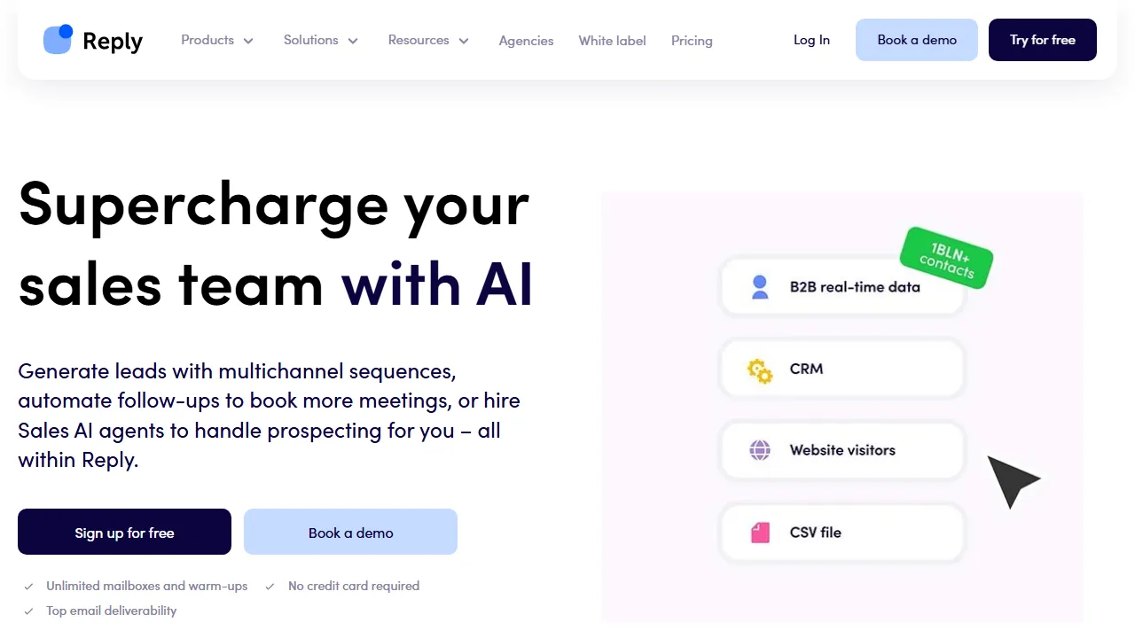 Reply.io homepage, marketing & seo AI tool