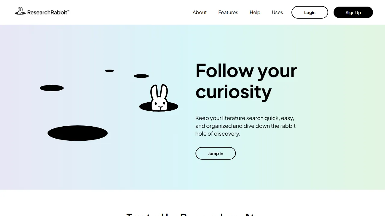 ResearchRabbit homepage, search AI tool