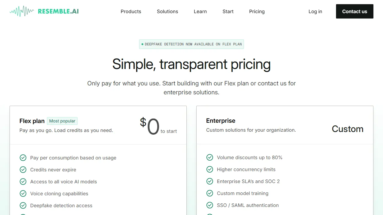 Resemble AI pricing page: plans and rates