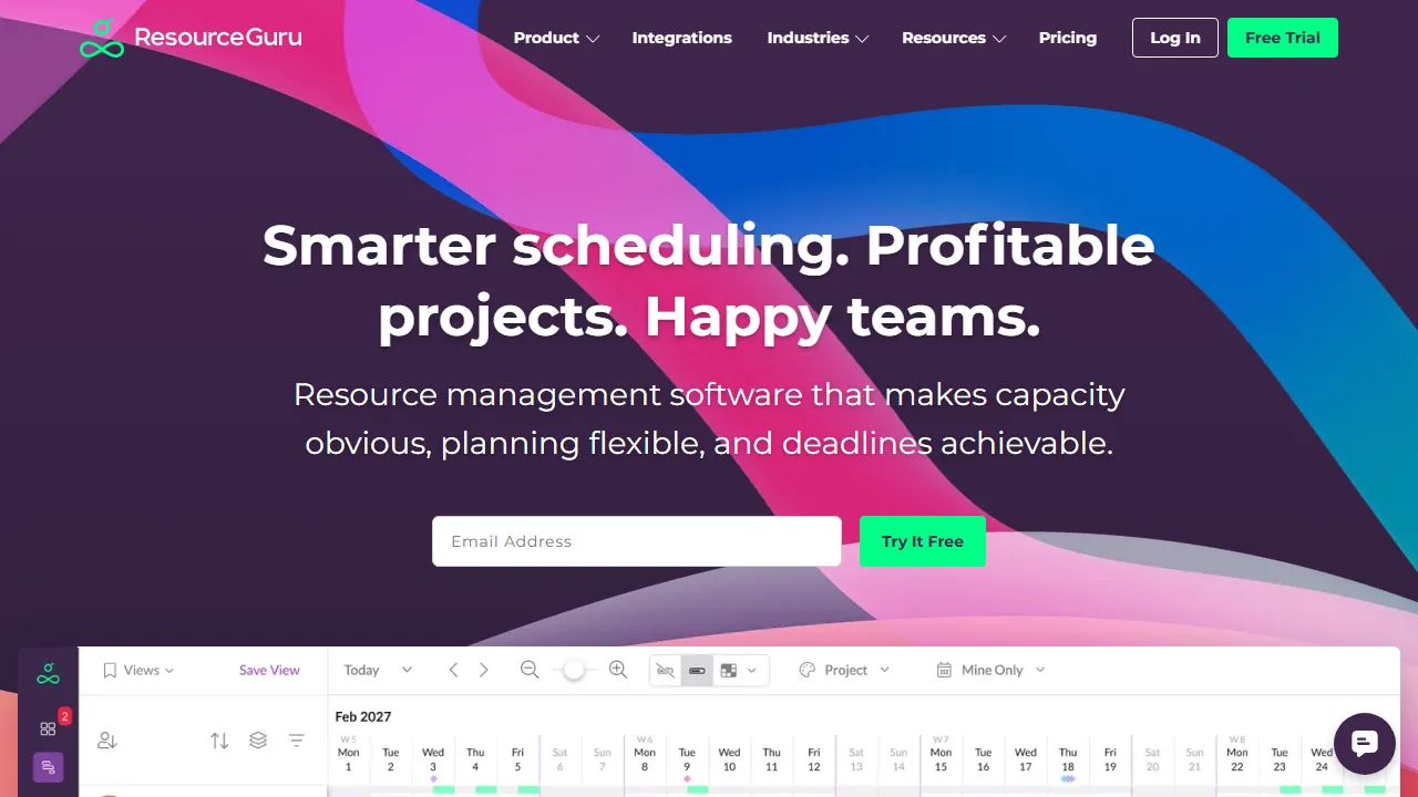 Resource Guru homepage, productivity AI tool