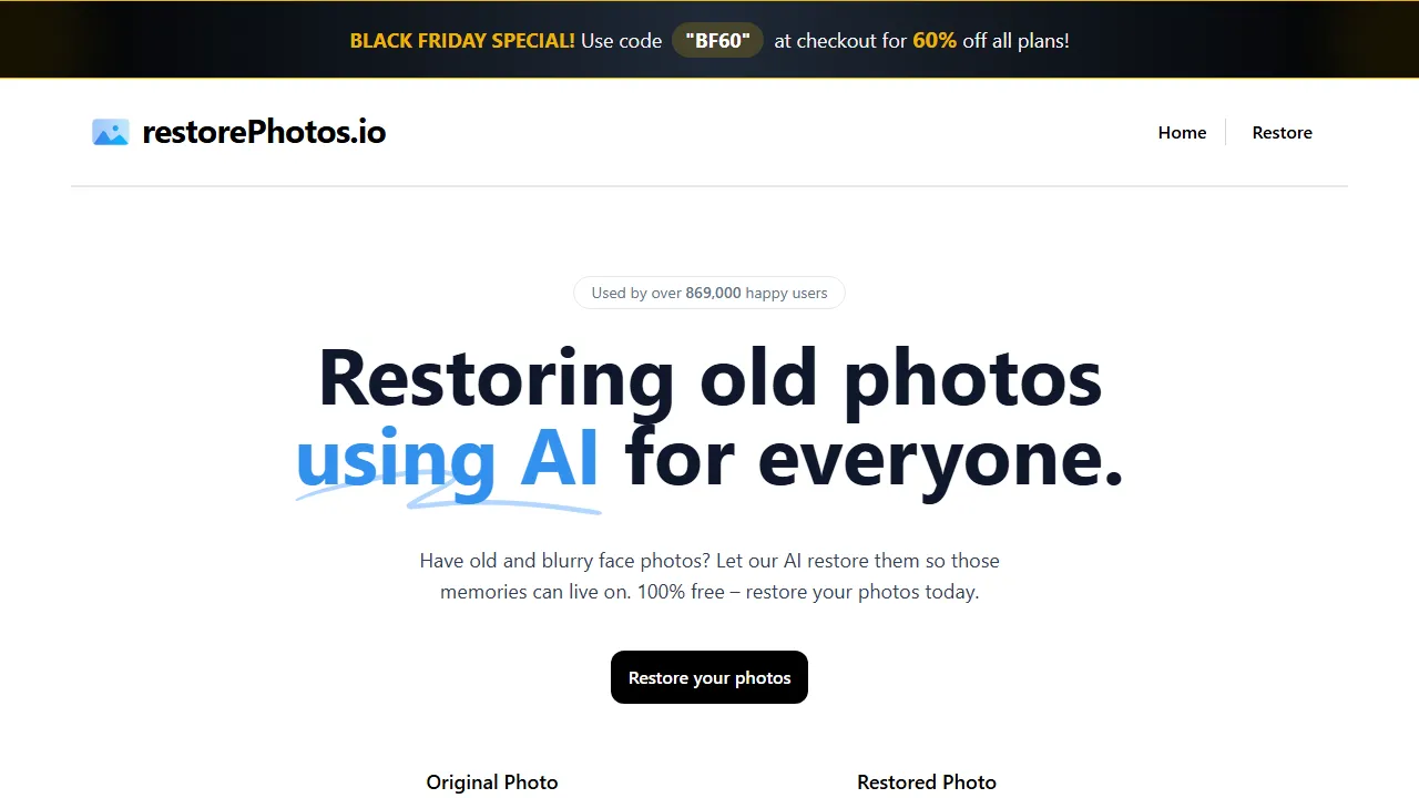 RestorePhotos homepage, image AI tool