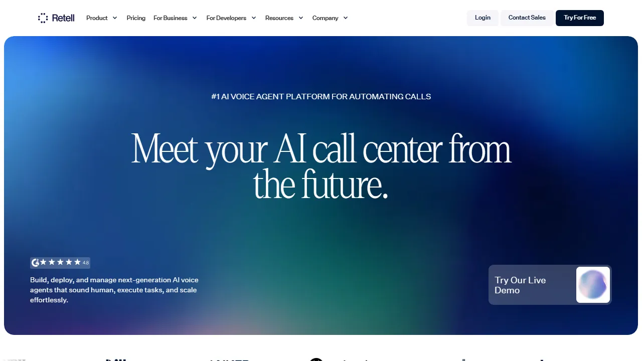 Retell homepage, voice & audio AI tool
