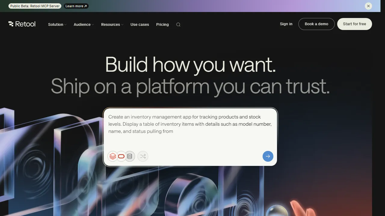 Retool homepage, no-code AI tool