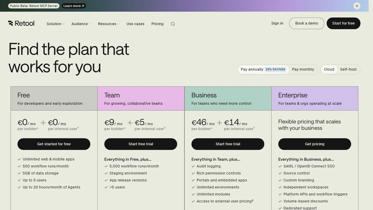Retool pricing page: plans and rates