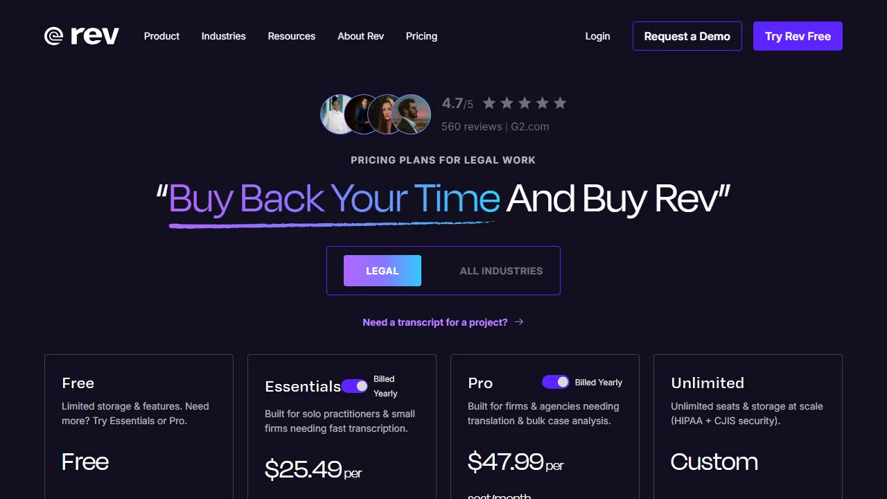 Rev pricing page: plans and rates