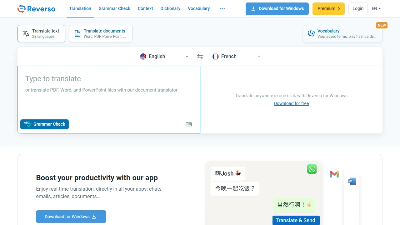 Reverso homepage, writing AI tool