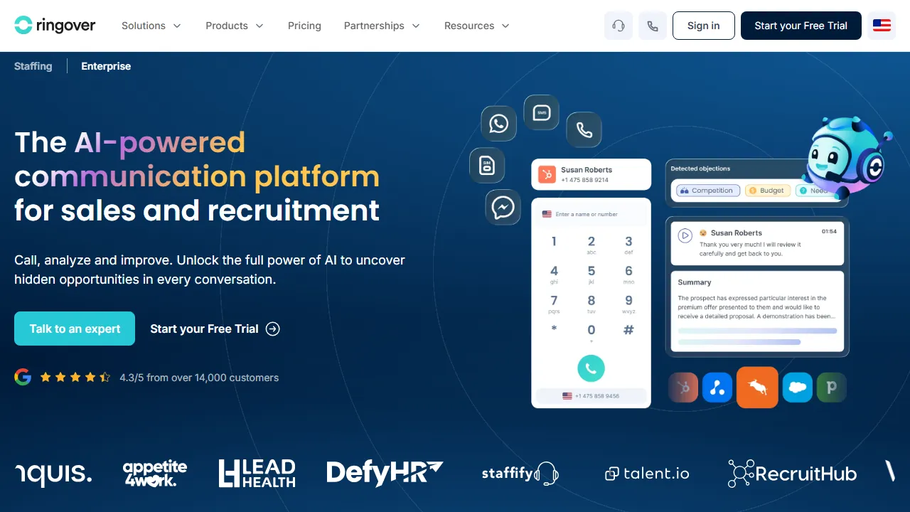 Ringover homepage, customer support & sales AI tool