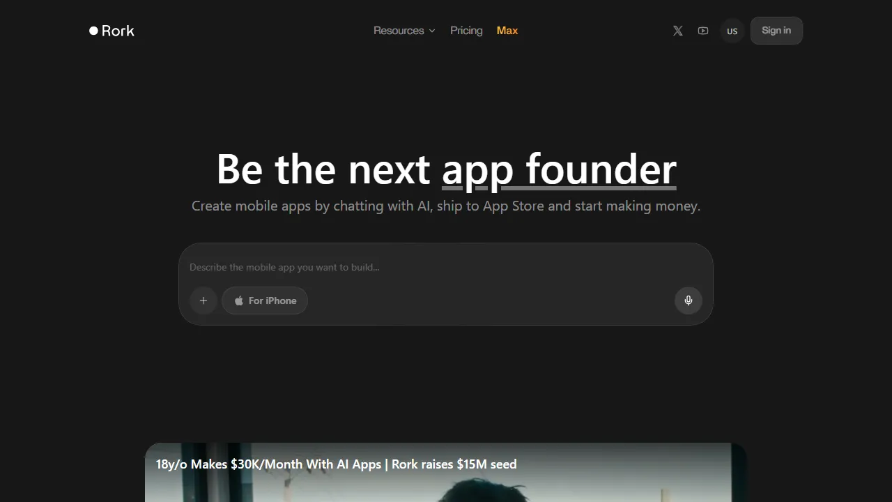 Rork homepage, no-code AI tool