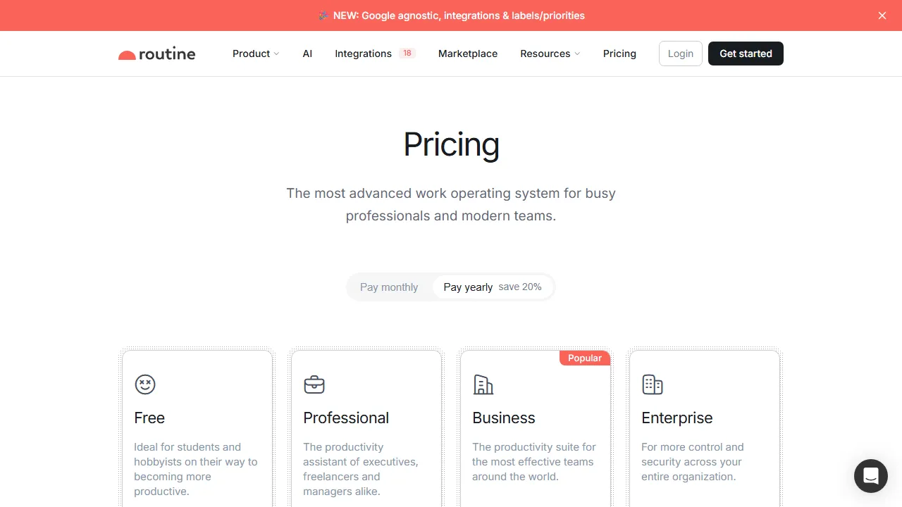 Routine pricing page: plans and rates