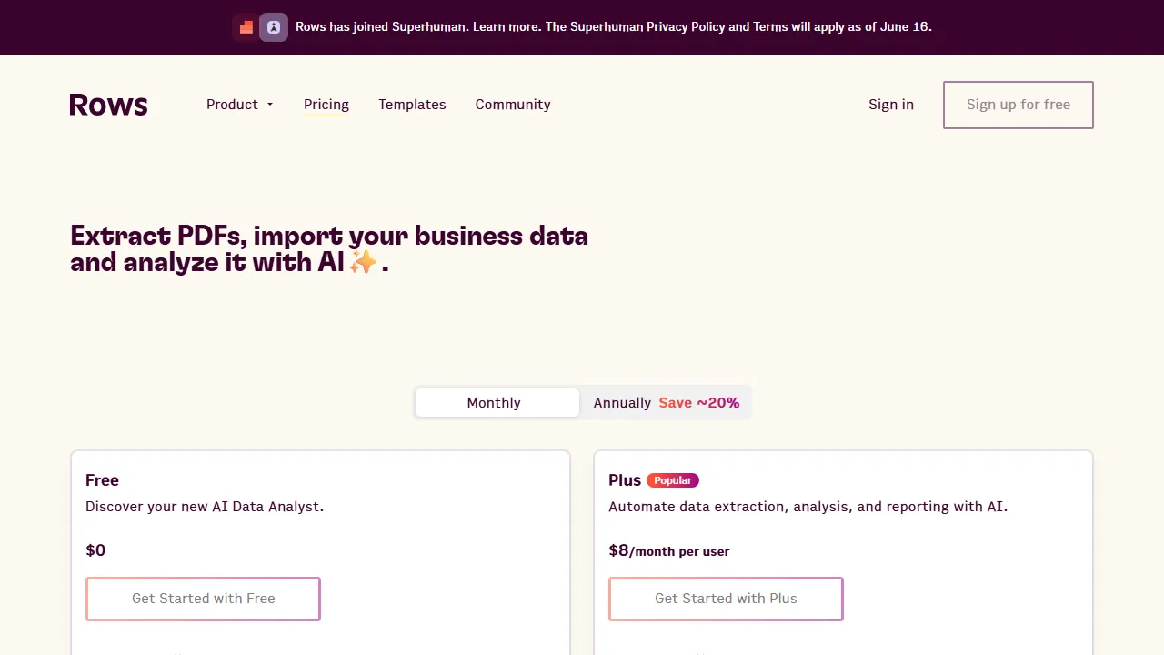 Rows pricing page: plans and rates