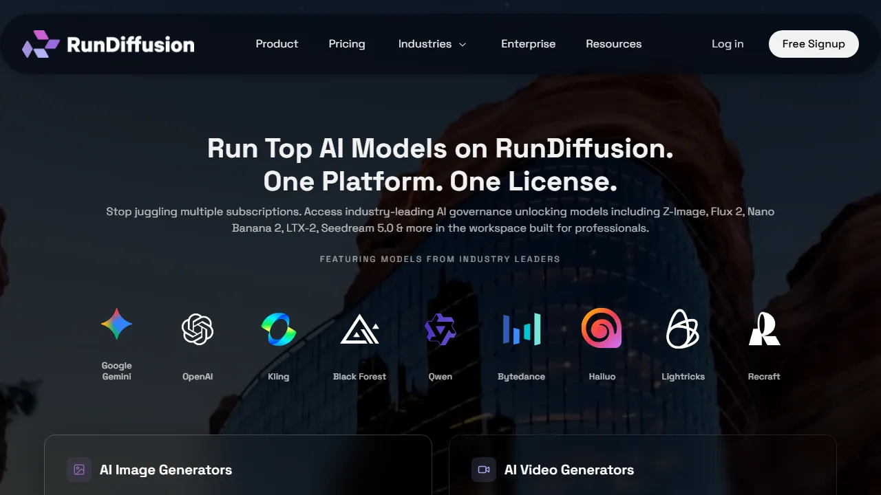 RunDiffusion homepage, image AI tool