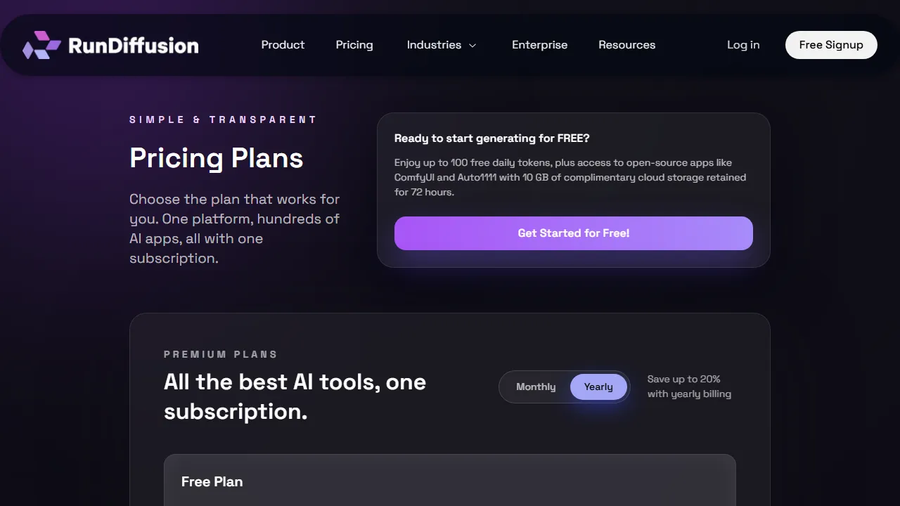RunDiffusion pricing page: plans and rates