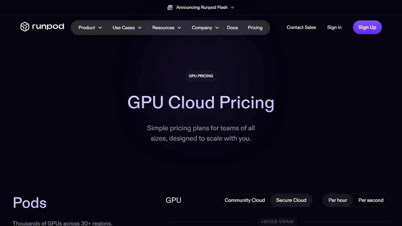 Runpod pricing page: plans and rates