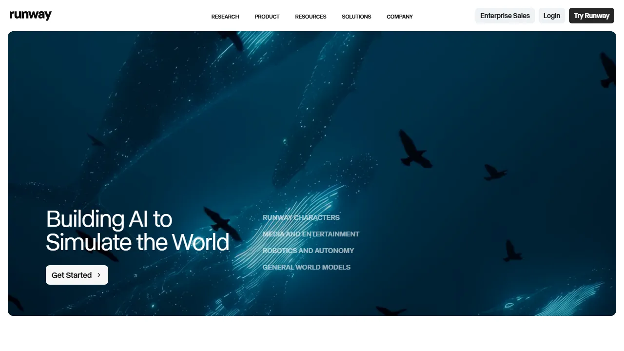 Runway homepage, video AI tool