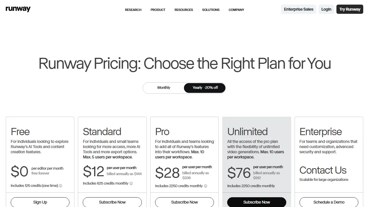 Runway pricing page: plans and rates