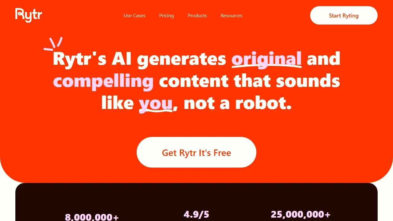 Rytr homepage, writing AI tool
