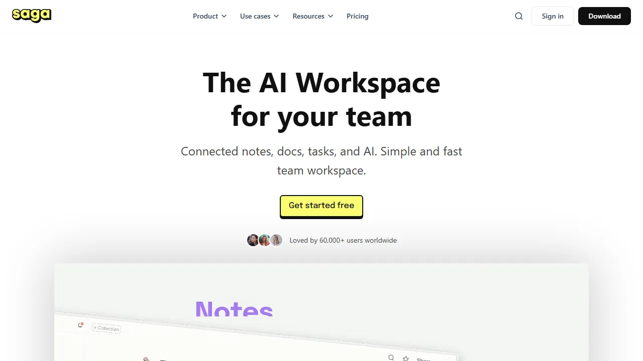 Saga AI homepage, productivity AI tool