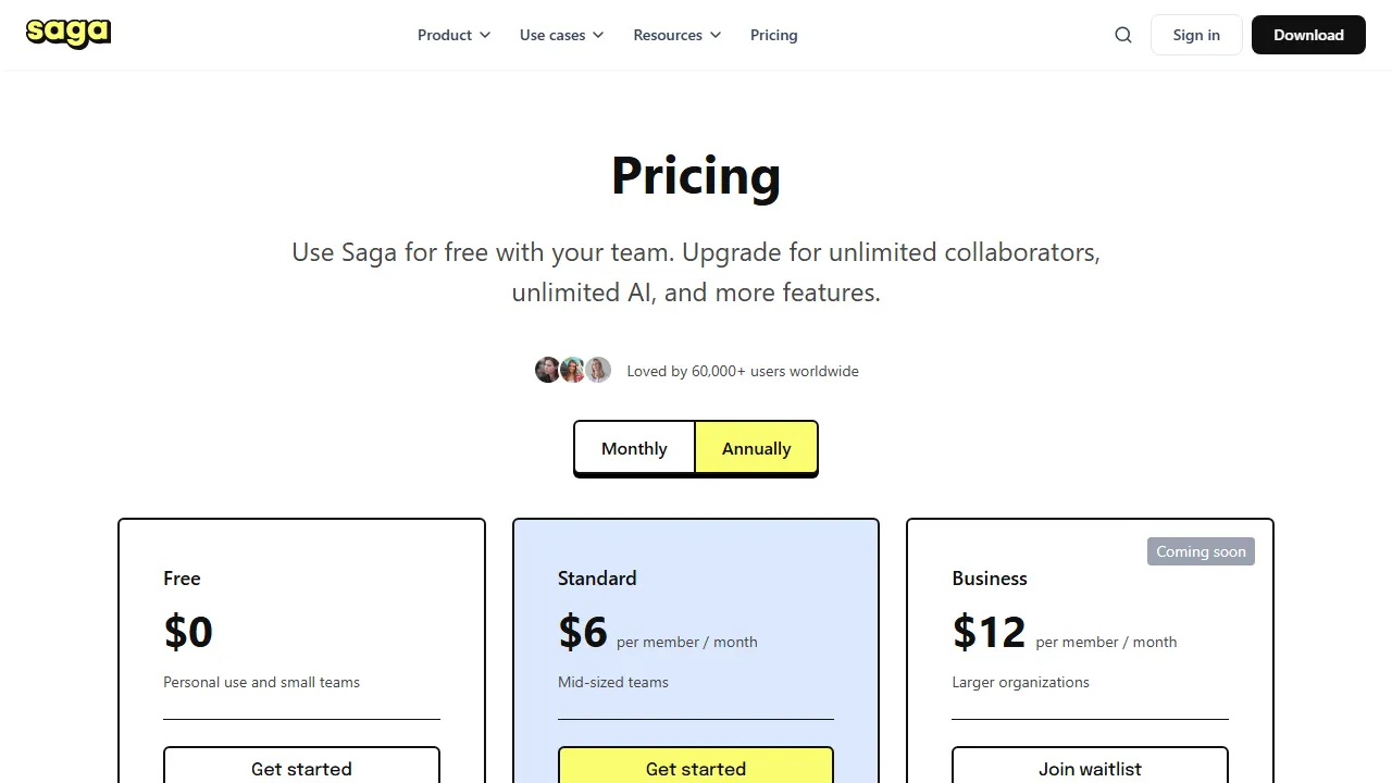 Saga AI pricing page: plans and rates