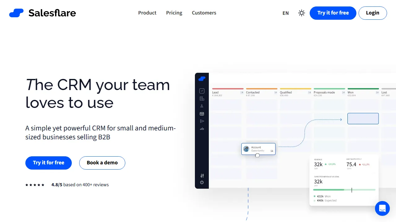 Salesflare homepage, customer support & sales AI tool