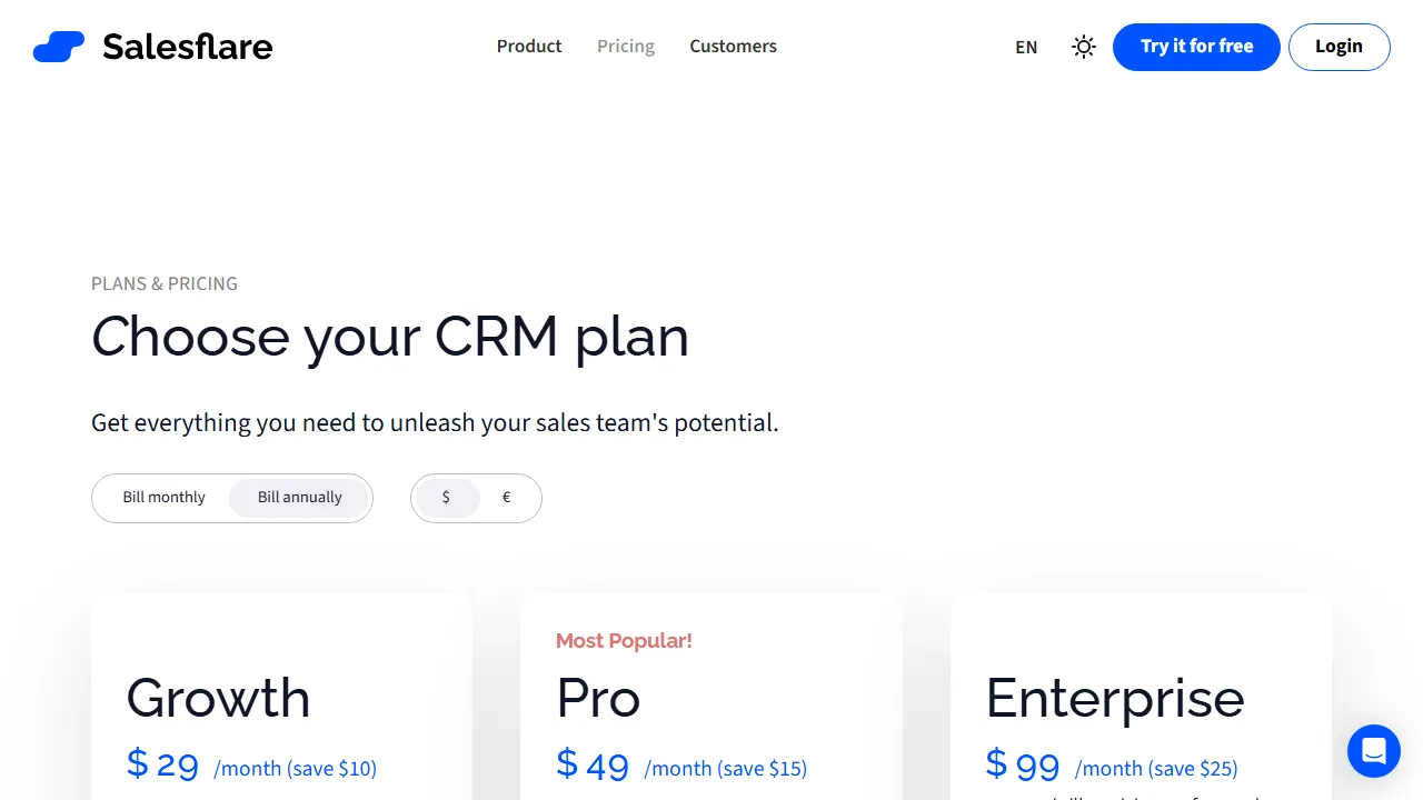 Salesflare pricing page: plans and rates