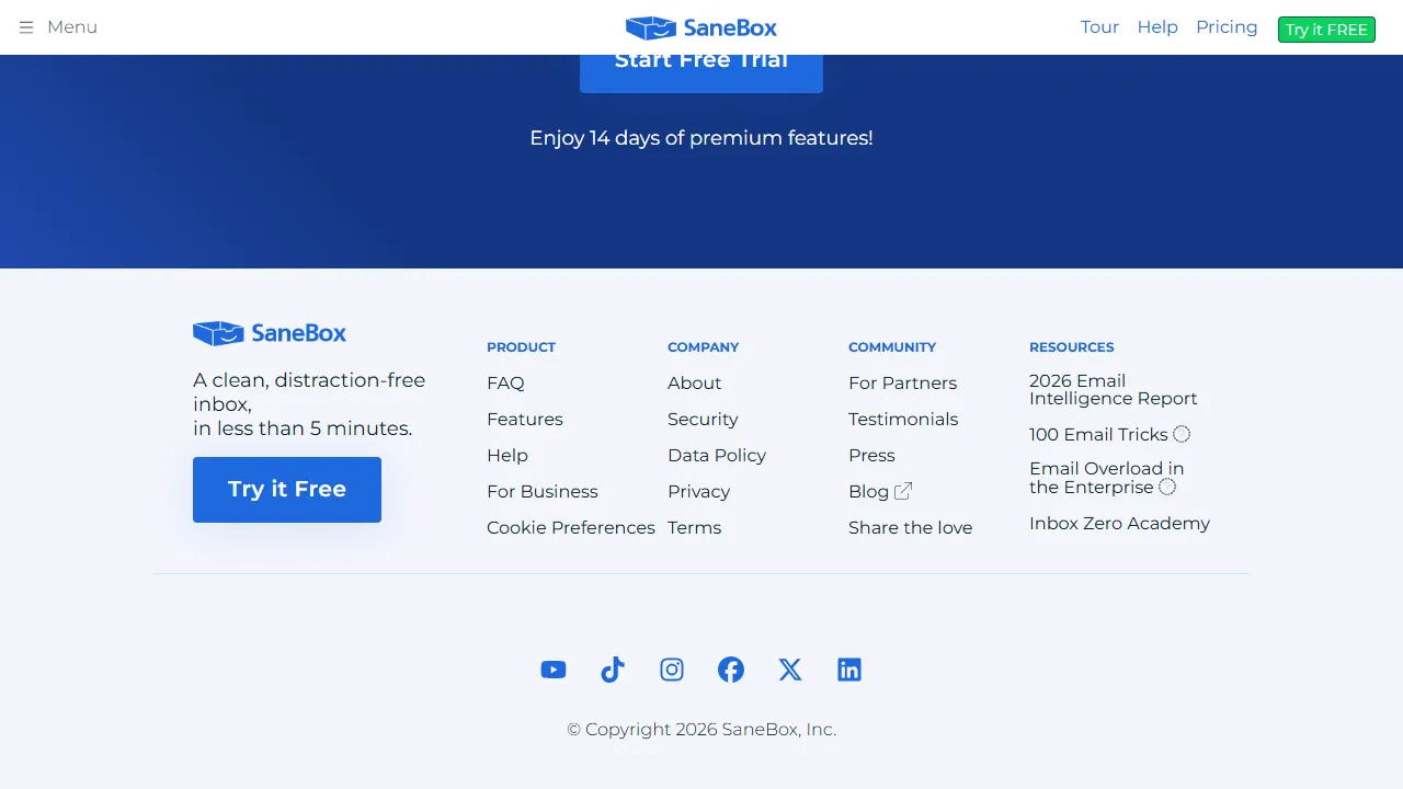 Sanebox homepage, productivity AI tool