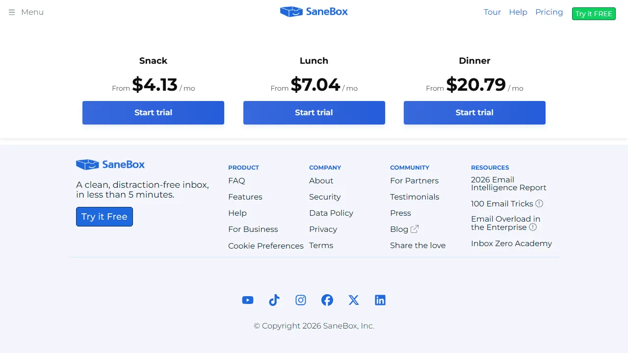 Sanebox pricing page: plans and rates