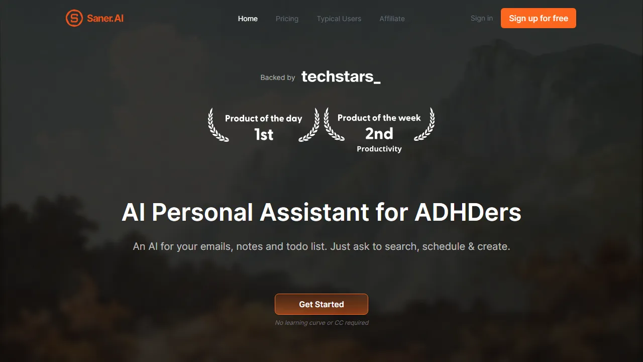 Saner homepage, productivity AI tool