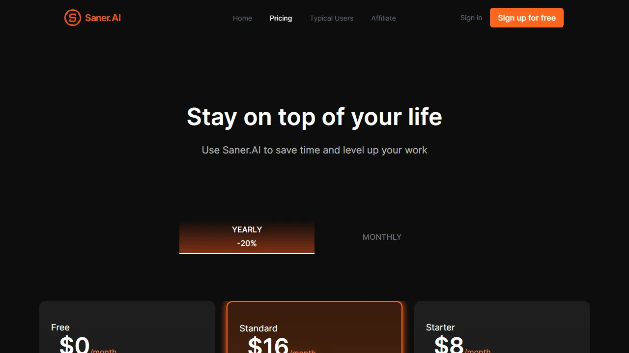 Saner pricing page: plans and rates