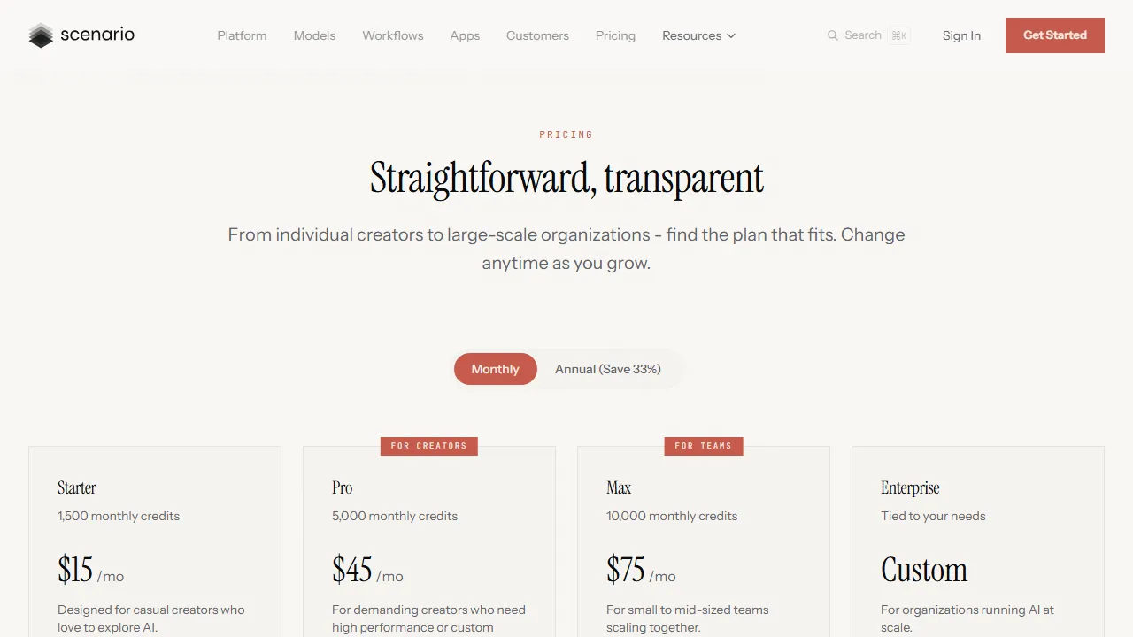 Scenario pricing page: plans and rates