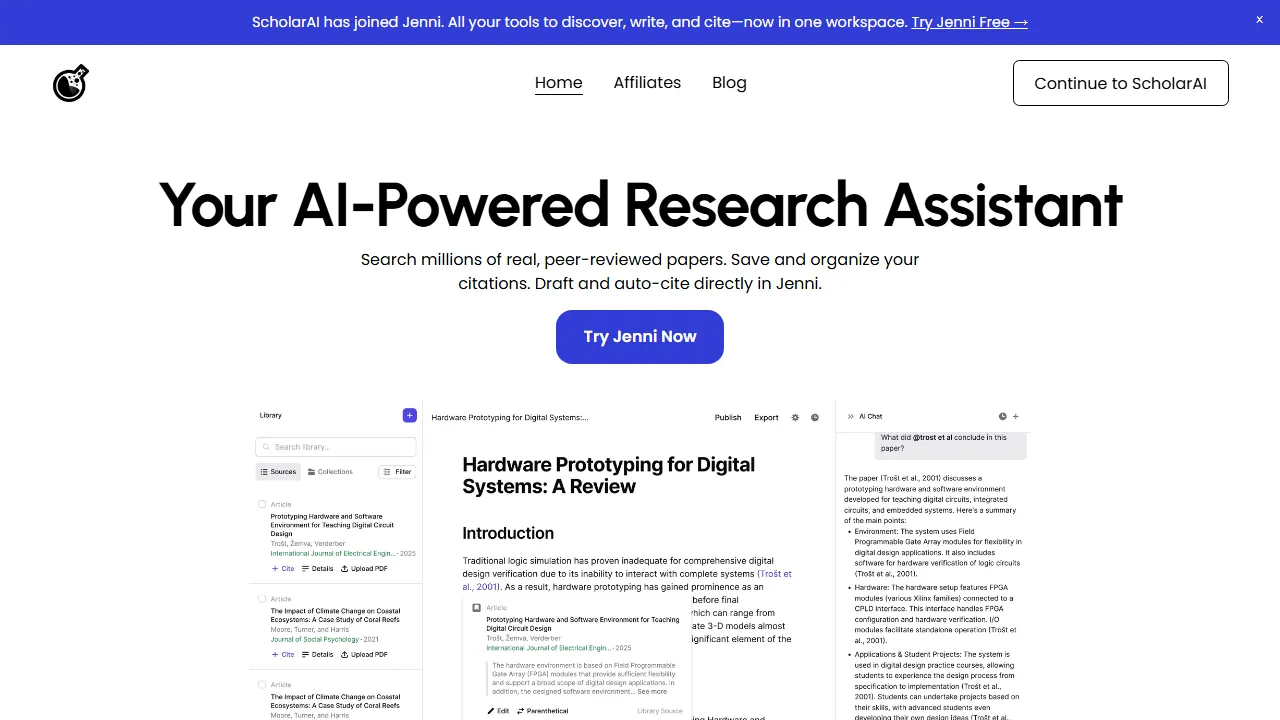 ScholarAI homepage, search AI tool