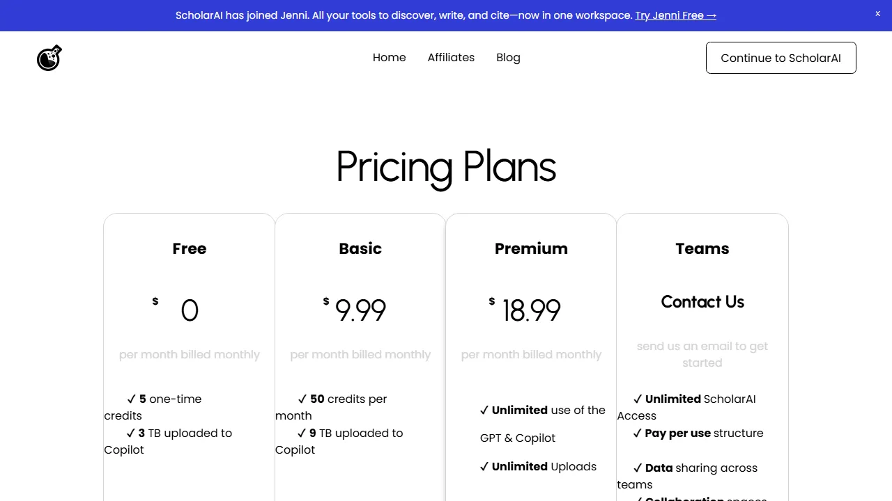ScholarAI pricing page: plans and rates