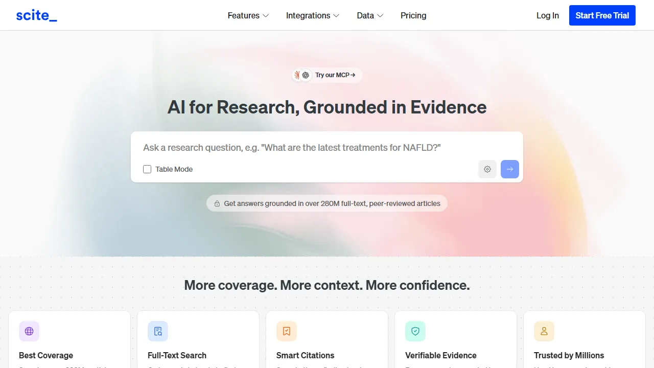 Scite homepage, search AI tool