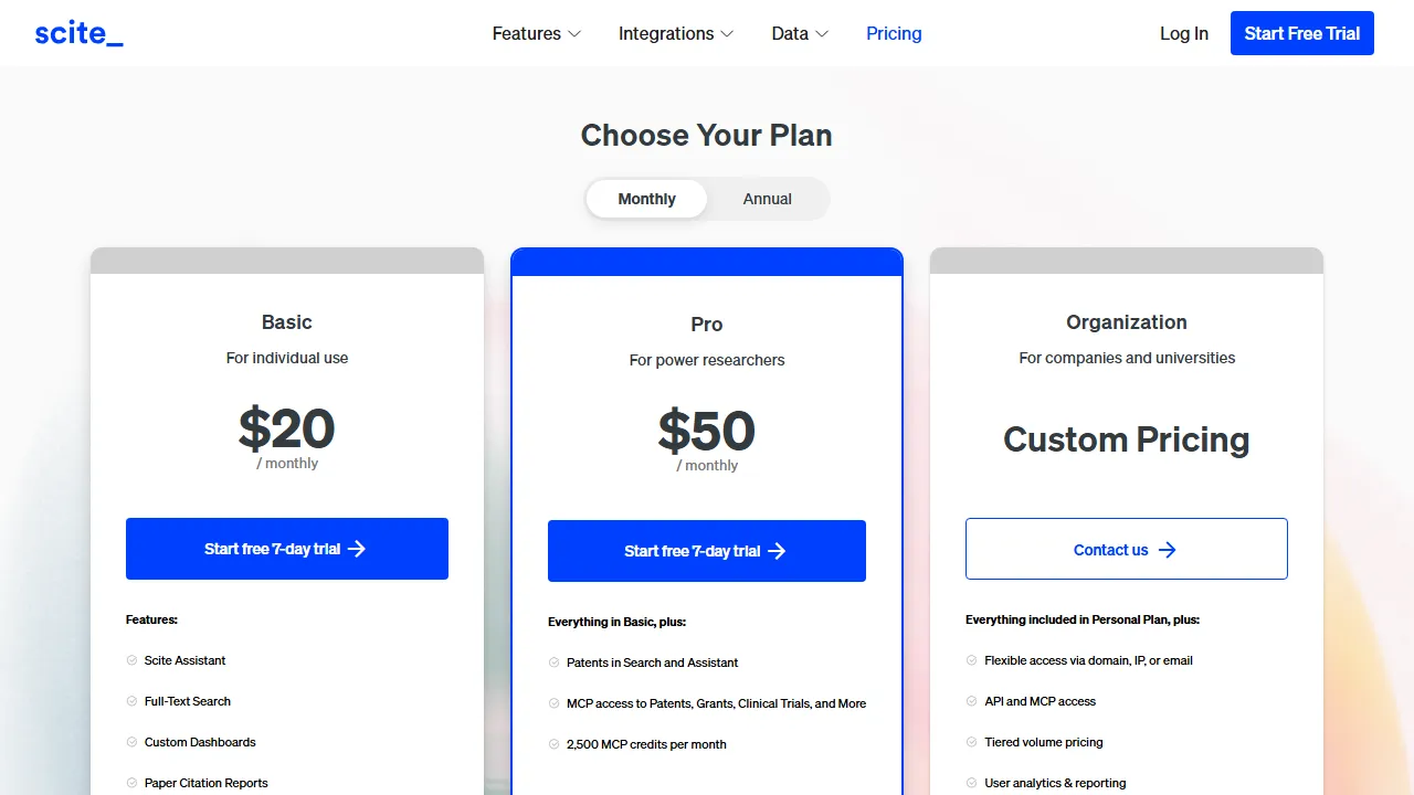 Scite pricing page: plans and rates
