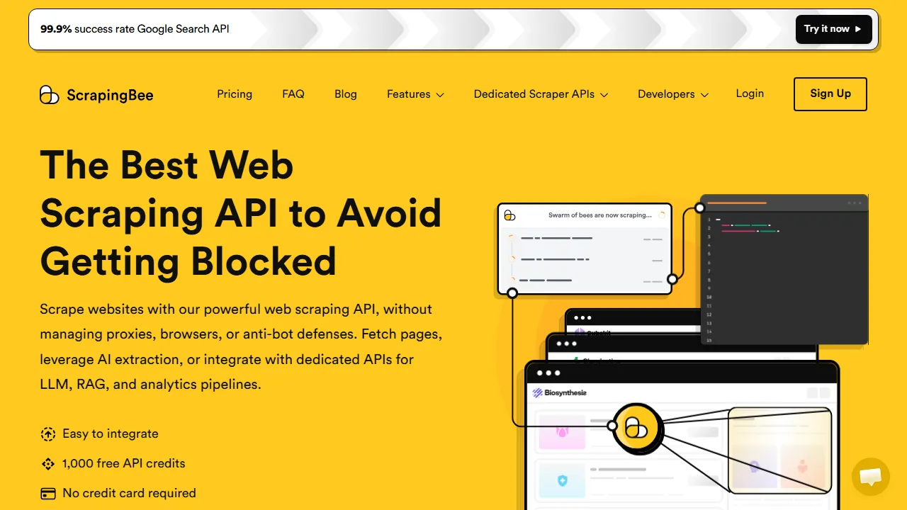 Scrapingbee homepage, automation AI tool