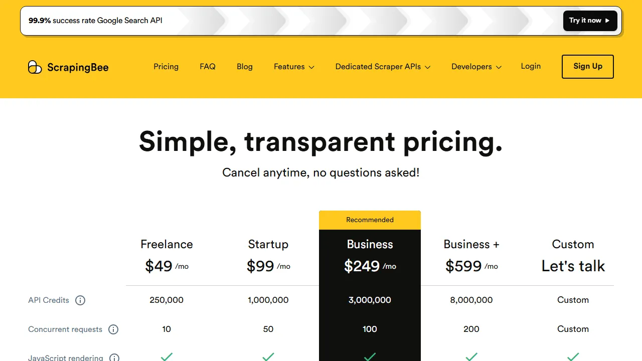 Scrapingbee pricing page: plans and rates