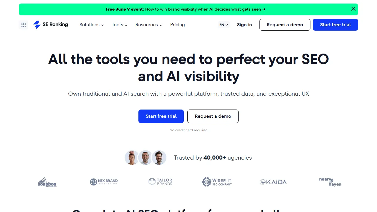 SE Ranking Content homepage, writing AI tool
