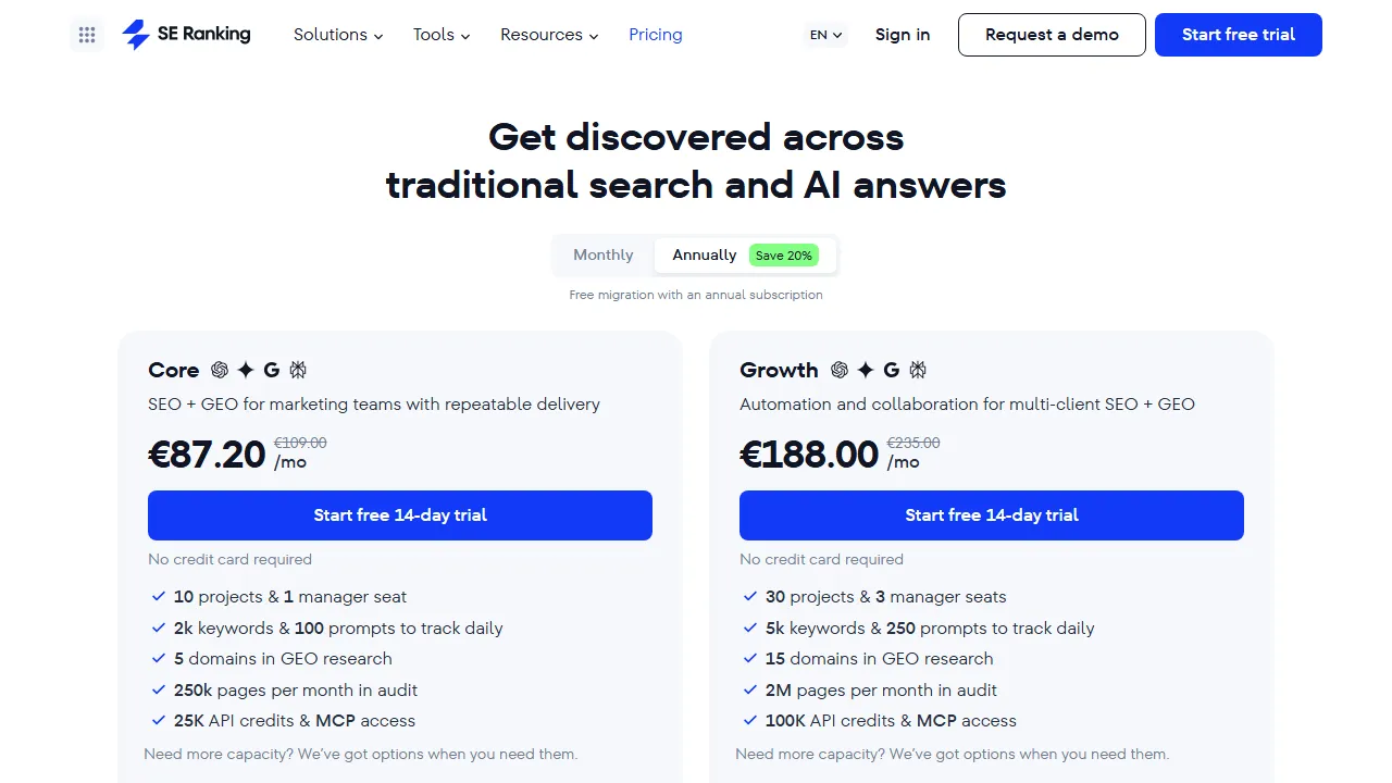 SE Ranking Content pricing page: plans and rates