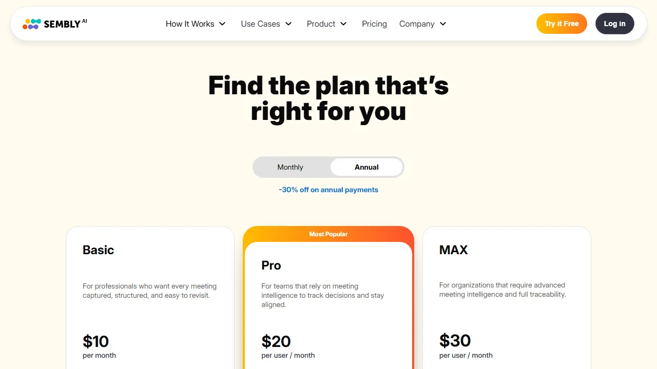 Sembly pricing page: plans and rates