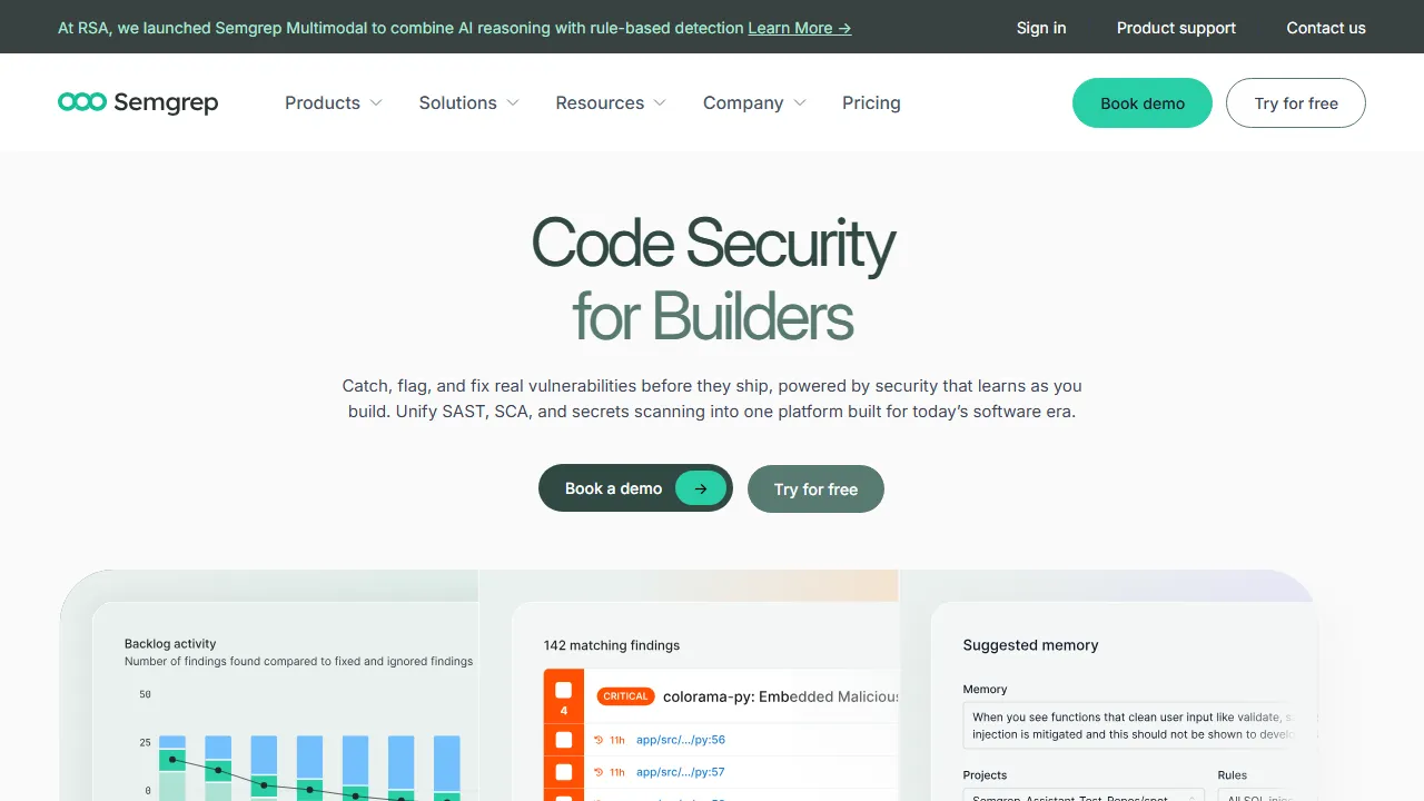 Semgrep homepage, code AI tool