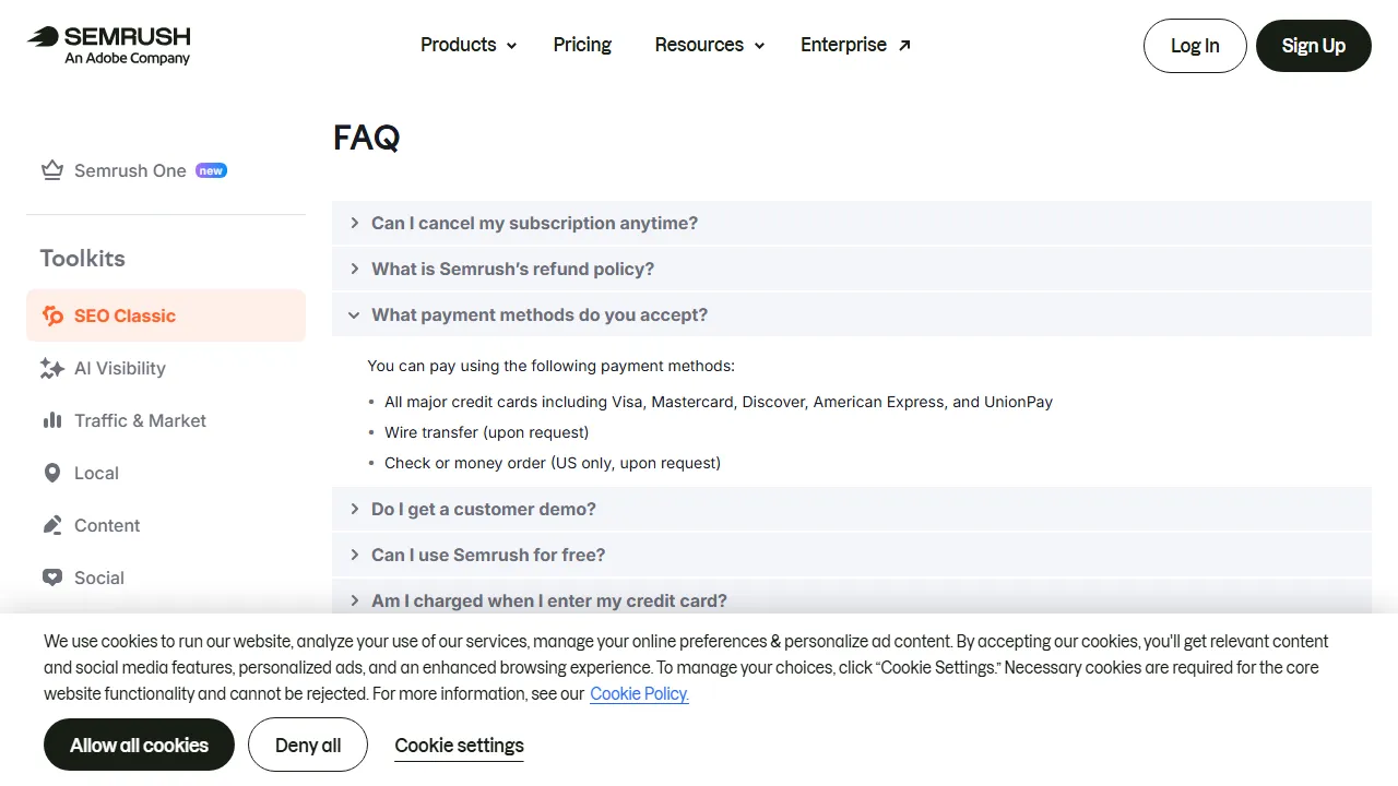 Semrush pricing page: plans and rates