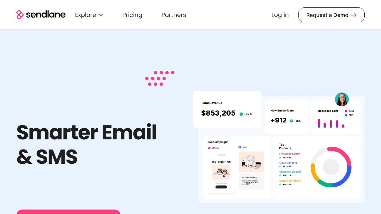 Sendlane homepage, marketing & seo AI tool