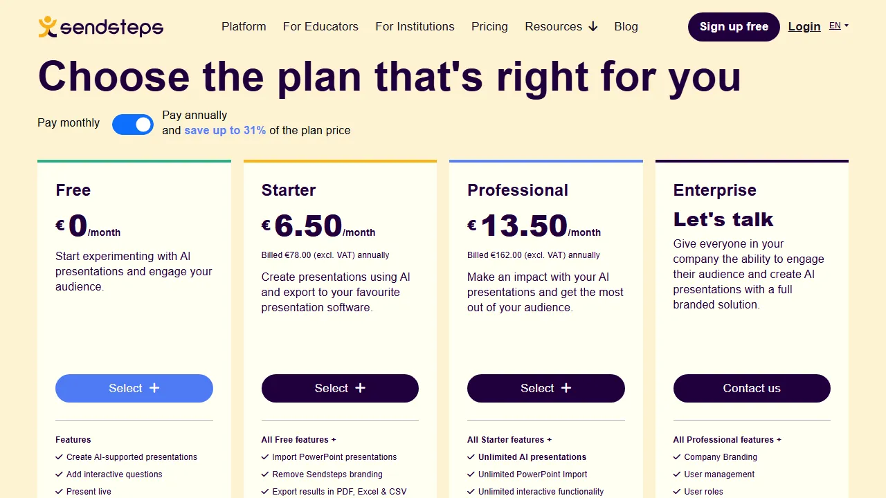 Sendsteps pricing page: plans and rates