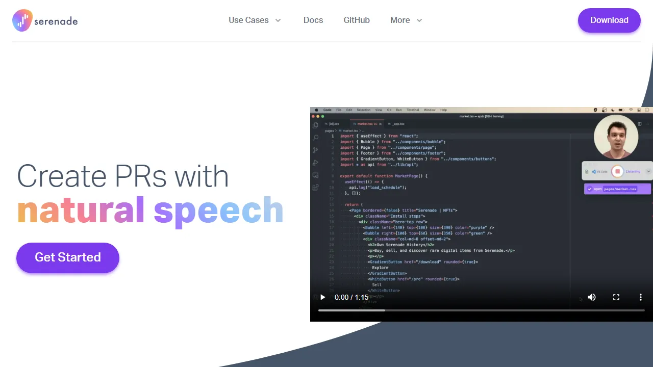 Serenade homepage, code AI tool