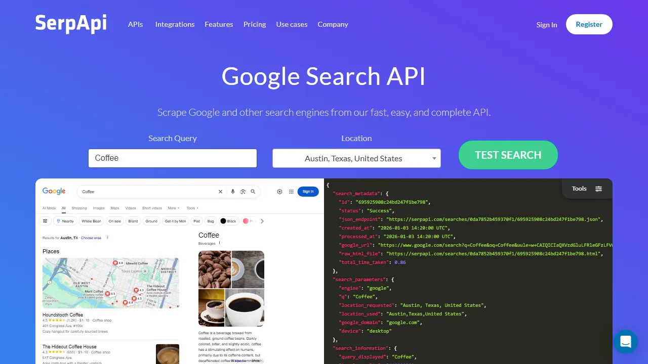 SerpAPI homepage, search AI tool