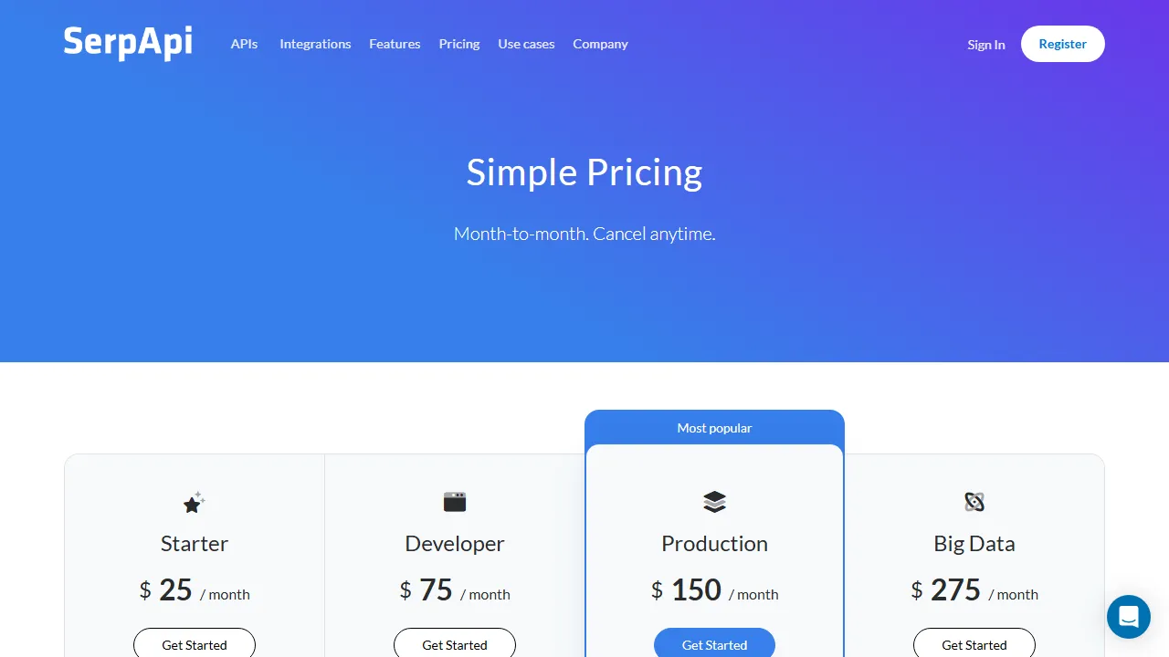 SerpAPI pricing page: plans and rates